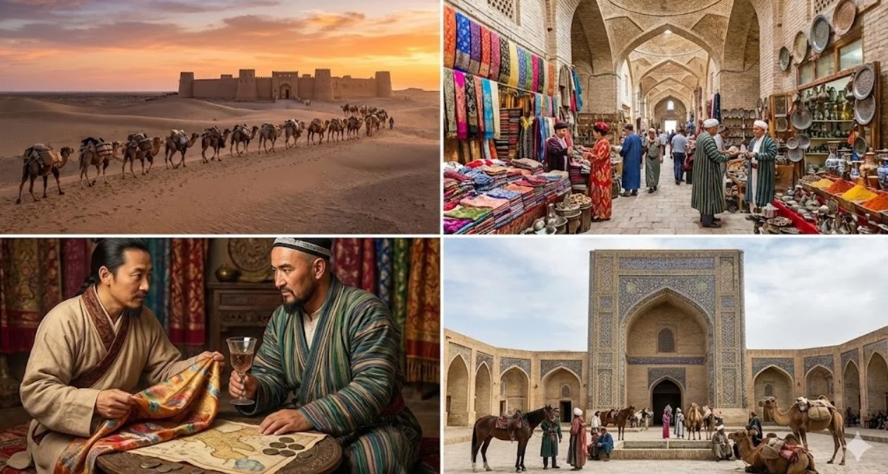 The Great Silk Road ancient trade routes connecting Central Asia with China and Europe through Uzbekistan
