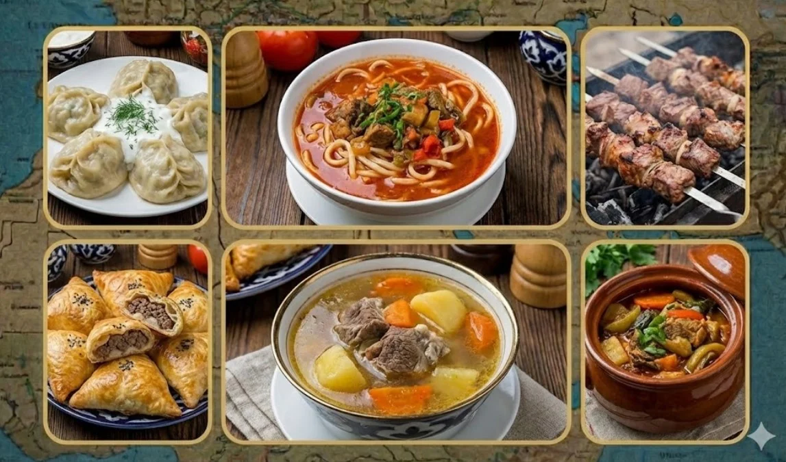 Traditional Uzbek dishes including plov, samsa, shashlik and lagman - must-try foods in Uzbekistan