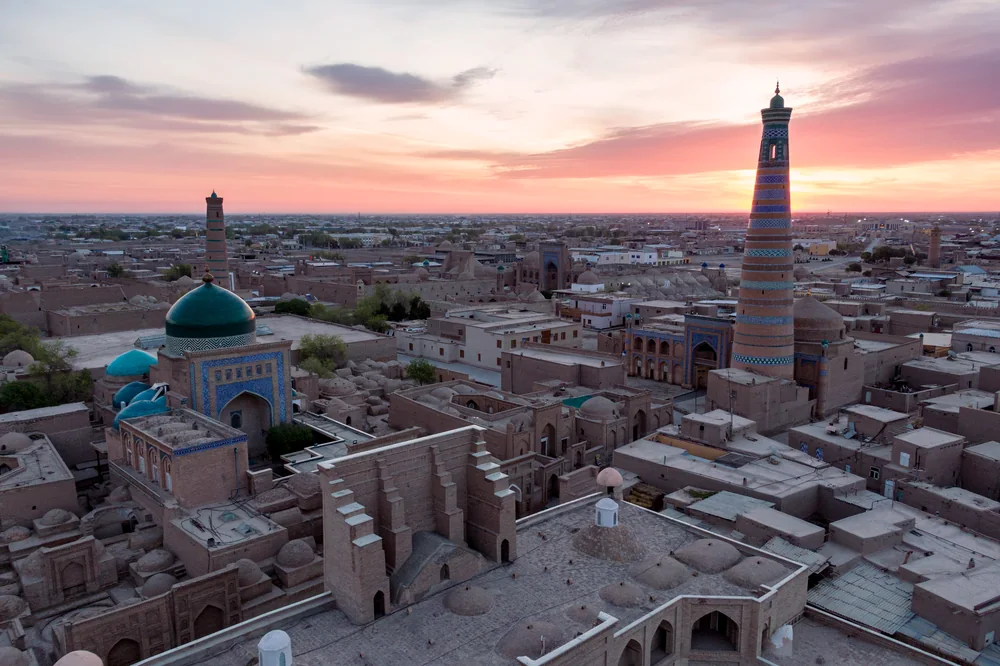 Aerial view over the rooftops of Ichan-Kala from the Kunya-Ark, Khiva