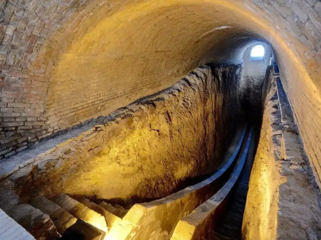 Interior view of the Ulugh Beg Observatory's underground sextant, carved deep into the earth and illuminated by warm lighting
